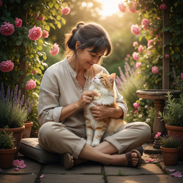 Eine Frau sitzt im Garten und streichelt eine Katze, umgeben von blühenden Rosen bei Sonnenuntergang.