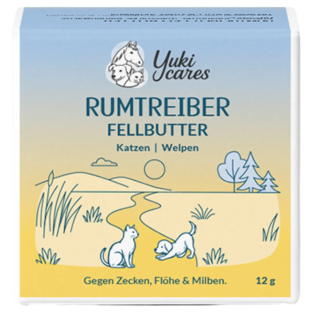 Eine Packung "Rumtreiber Fellbutter" für Katzen und Welpen zeigt eine Illustration von Katze und Hund in einer Landschaft.
