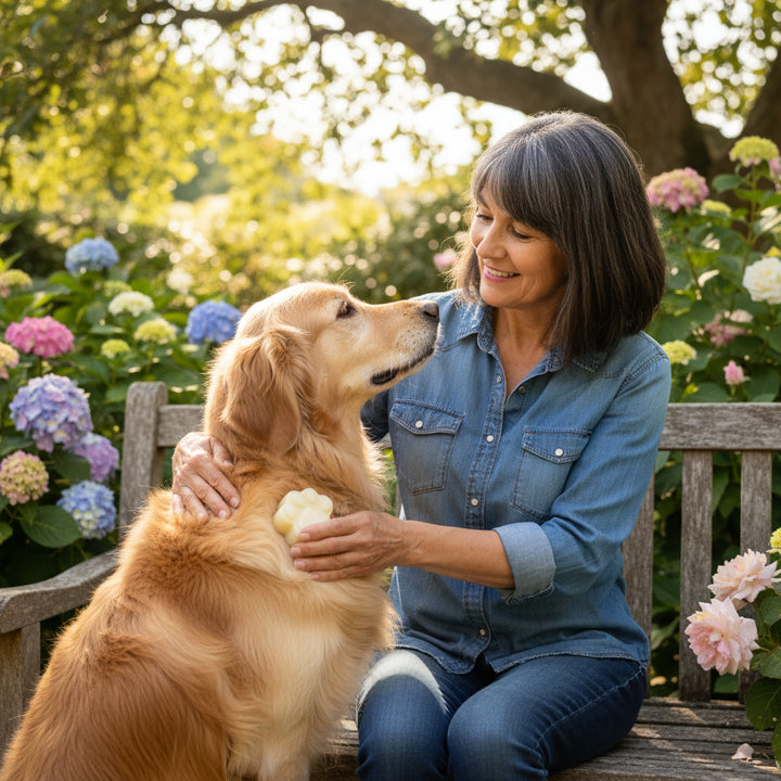 Eine Frau in Jeanshemd streichelt einen Golden Retriever auf einer Gartenbank, umgeben von blühenden Hortensien.