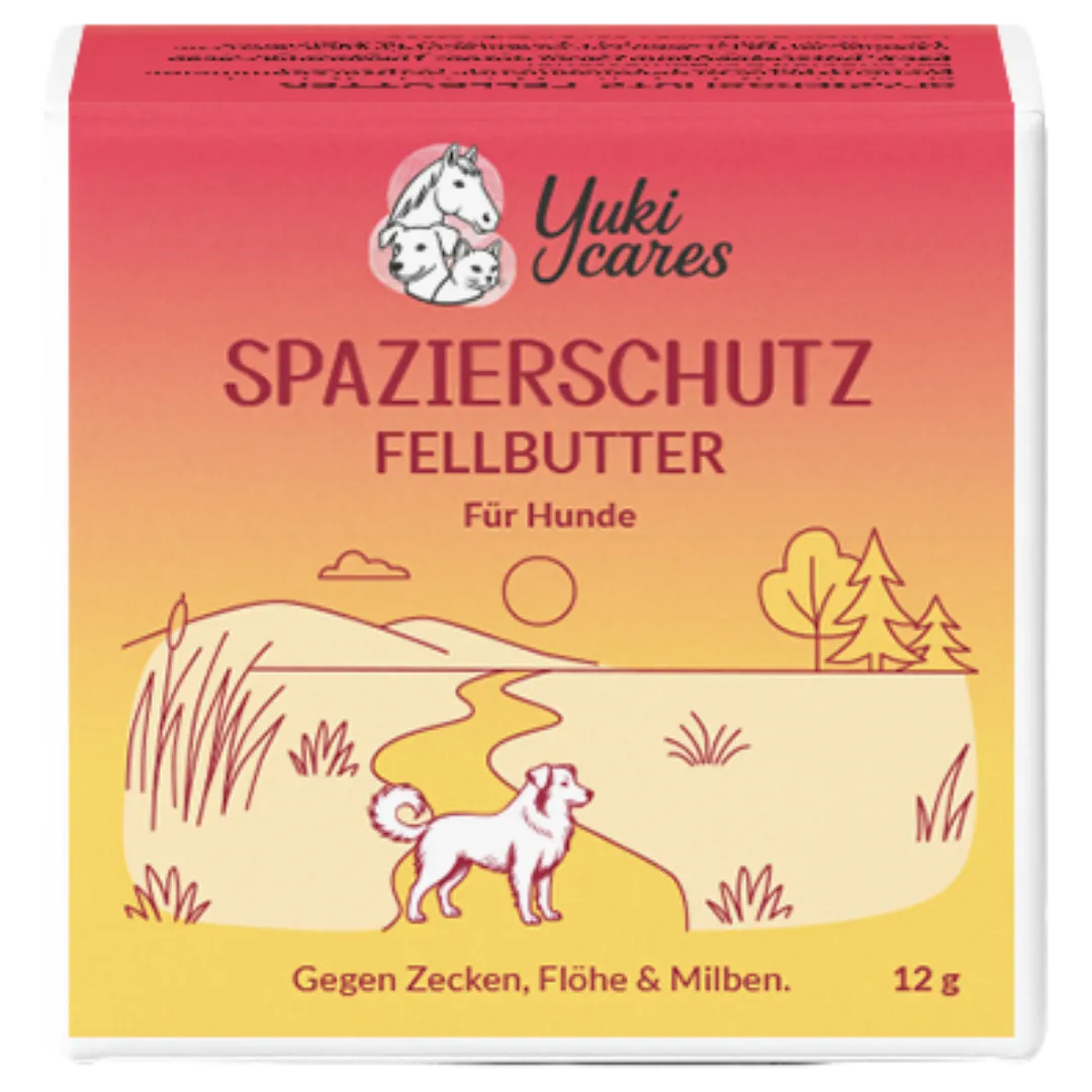 Eine Verpackung von Yuki cares Spazierschutz Fellbutter für Hunde mit Landschaftsillustration 