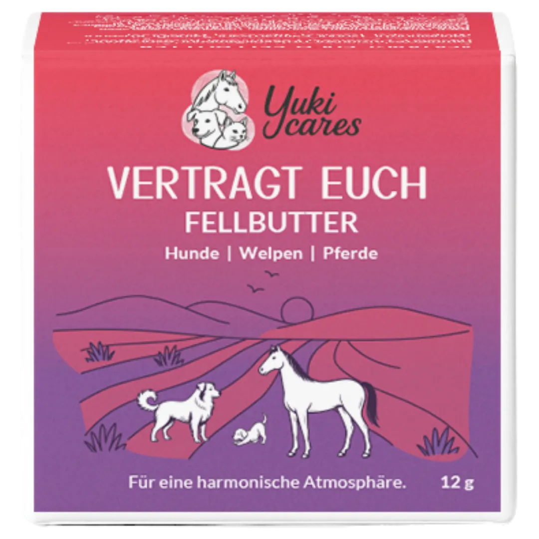 Die Verpackung zeigt eine Illustration von Hund, Welpe und Pferd vor einem lila Hintergrund mit dem Text "Vertragt Euch Fellbutter".