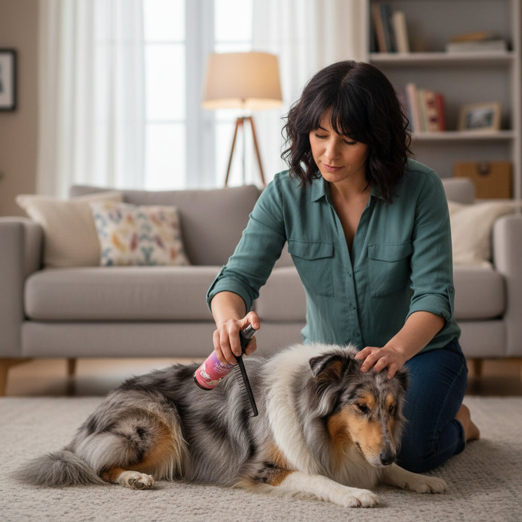 Eine Frau pflegt liebevoll ihren Hund mit einem Spray und Kamm im gemütlichen Wohnzimmer.