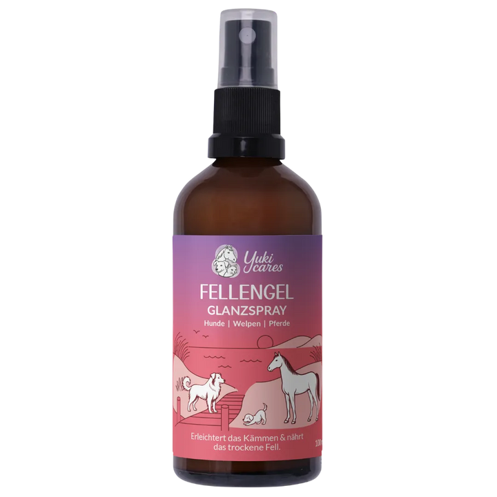 Eine Flasche FELLENGEL Glanzspray, geeignet für Hunde, Welpen und Pferde, mit einer illustrativen Etikettengrafik.