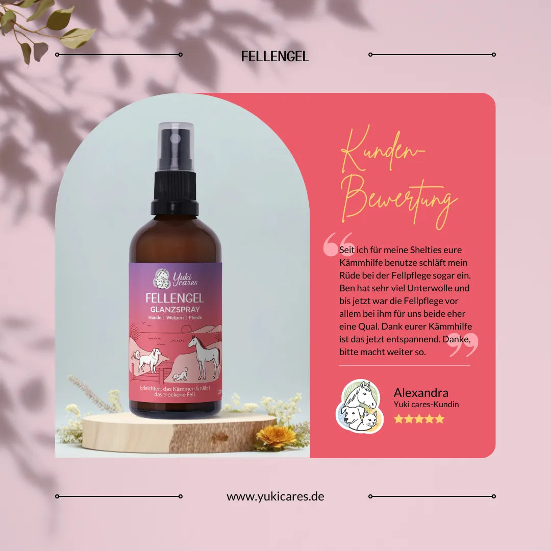 Eine Flasche FELLENGEL Glanzspray steht auf einem Holztisch, begleitet von einer positiven Kundenbewertung.