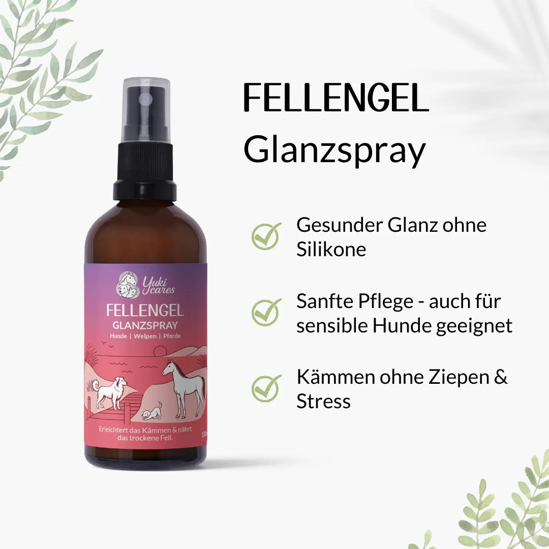 Das Bild zeigt ein Fellengel-Glanzspray für Hunde mit sanfter Pflege und gesundem Glanz ohne Silikone.
