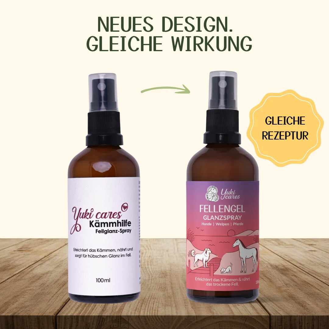 Zwei Flaschen mit neuem Design für Yuki cares Fellglanz-Spray stehen nebeneinander auf einem Holztisch.
