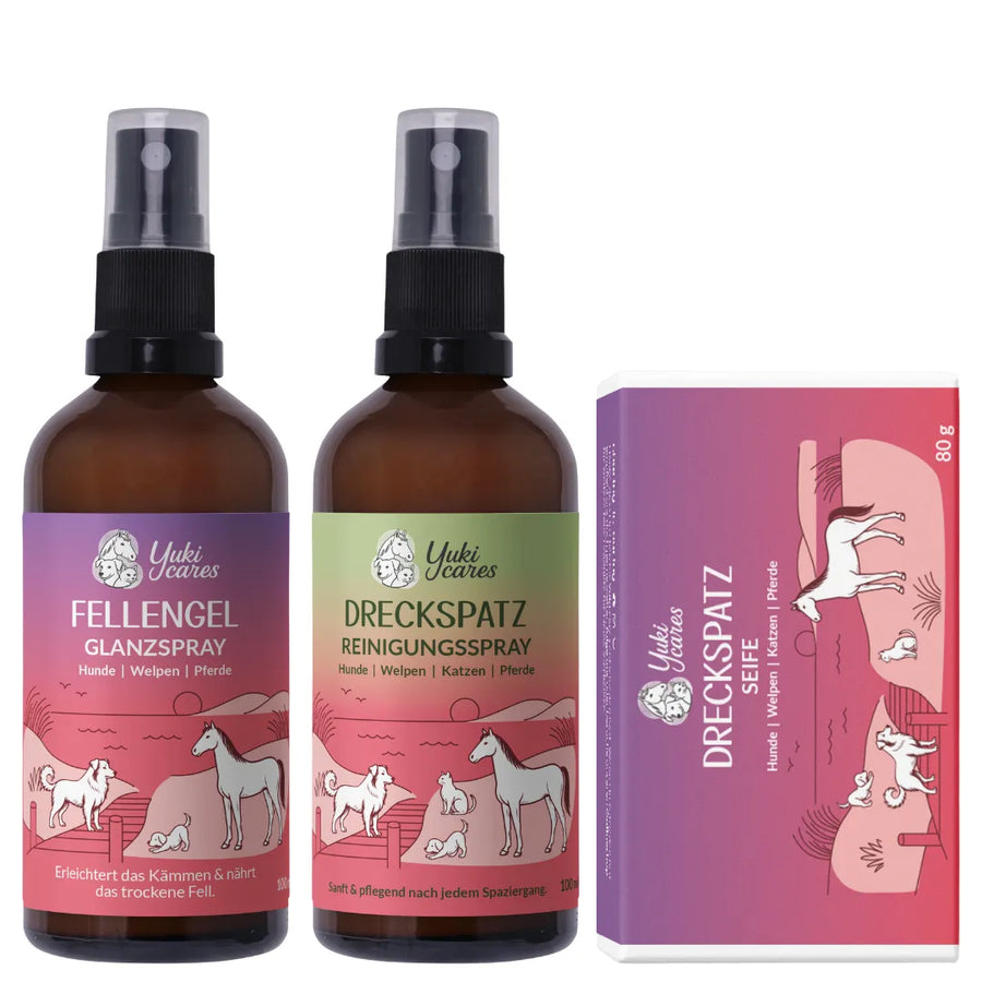 Drei Pflegeprodukte für Haustiere von Yuki, darunter Glanzspray und Reinigungsseife, stehen auf einem weißen Hintergrund.