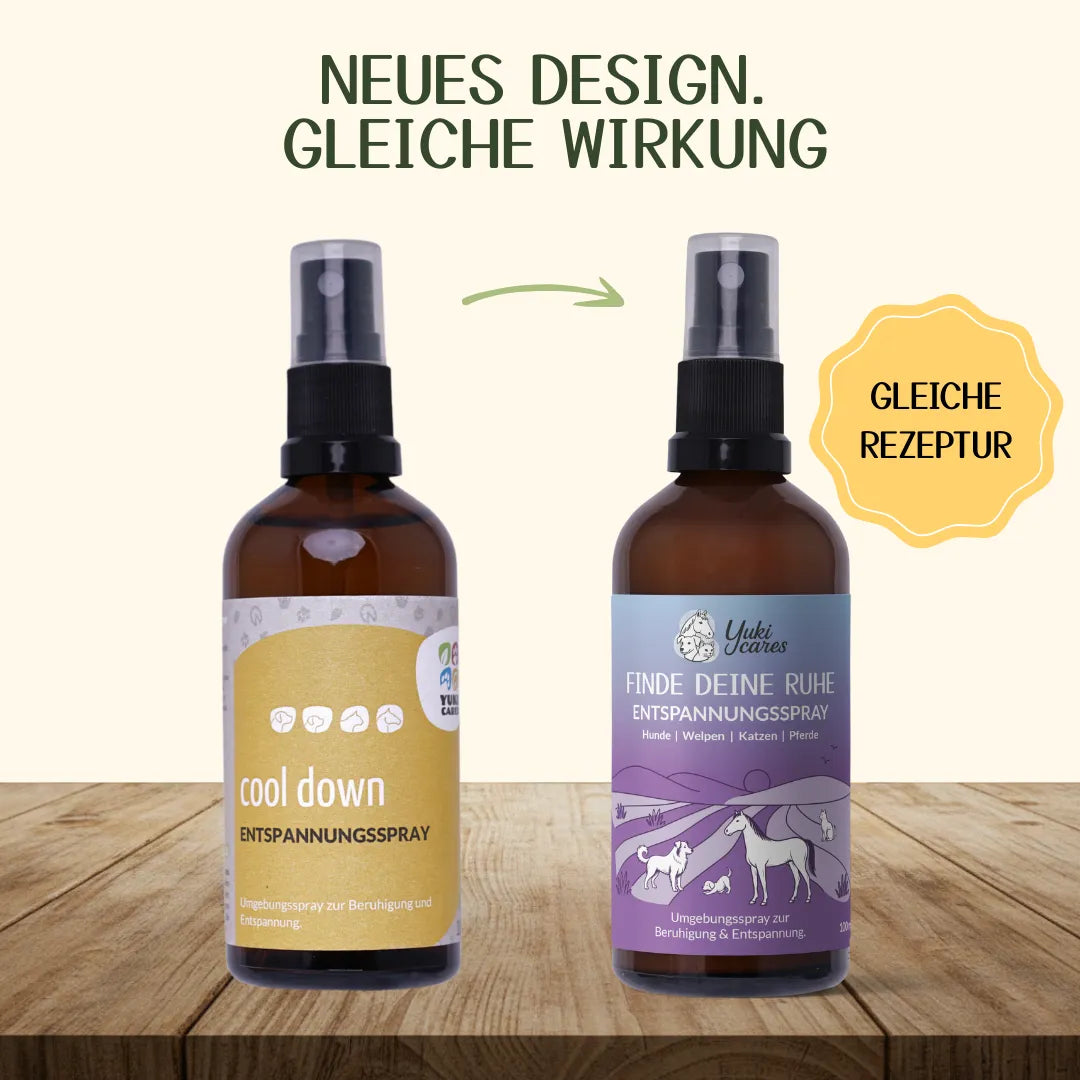 Zwei Entspannungssprays mit neuem Design und gleicher Rezeptur stehen auf einem Holztisch, begleitet von informativen Texten.