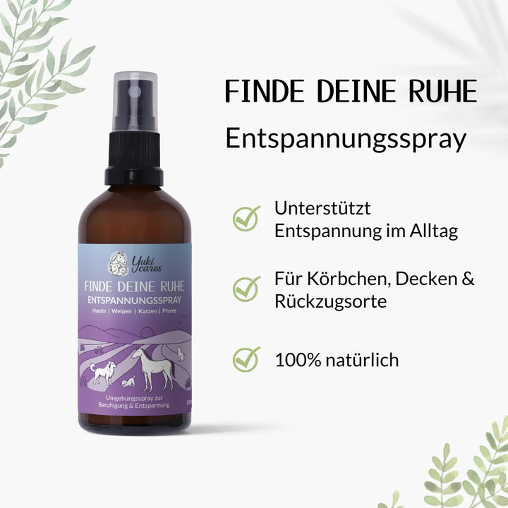 Eine braune Flasche Entspannungsspray steht neben Text, der die natürliche Unterstützung für Tiere hervorhebt.