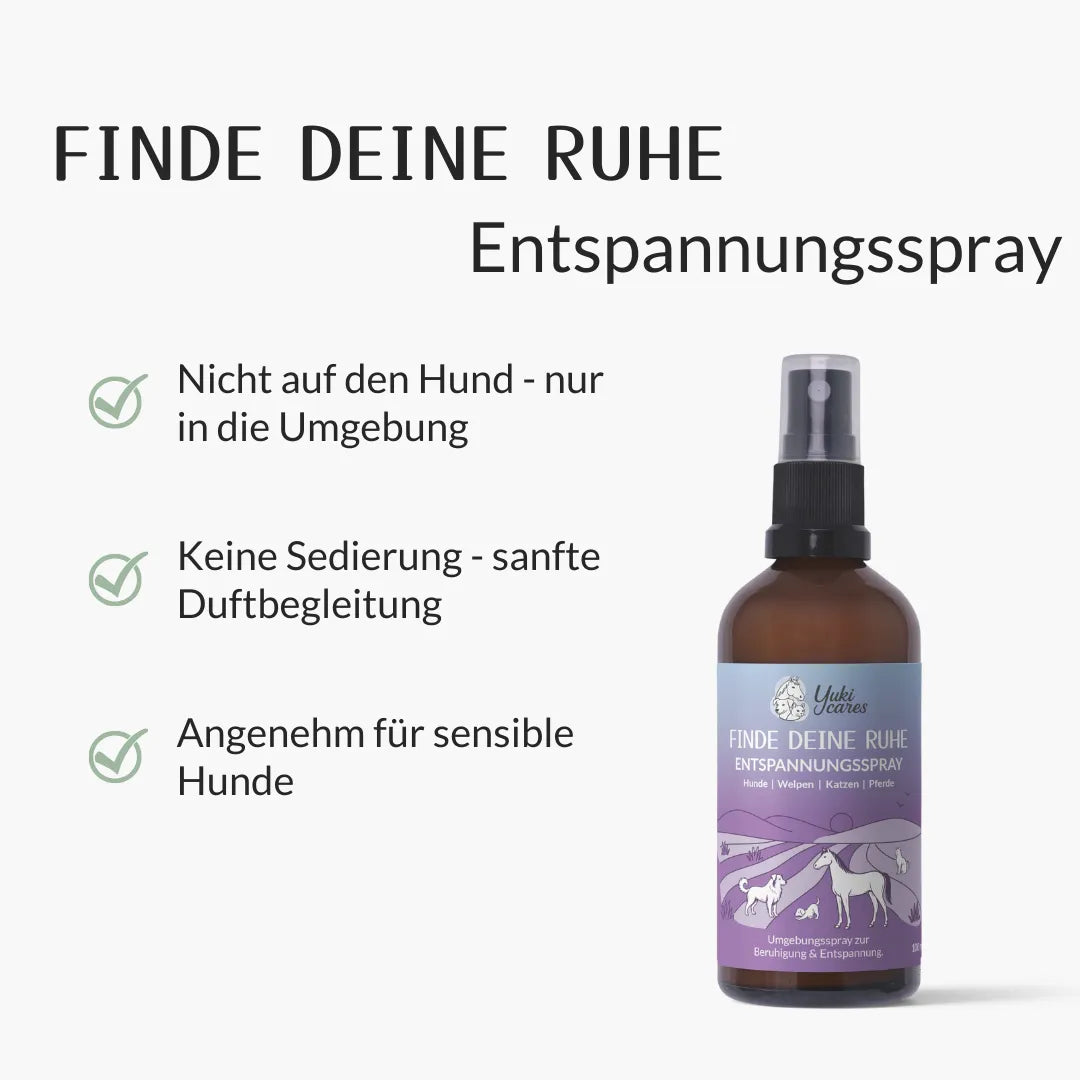 Das Bild zeigt ein Entspannungsspray für Hunde mit Anweisungen zur Anwendung in der Umgebung für sanfte Duftbegleitung.