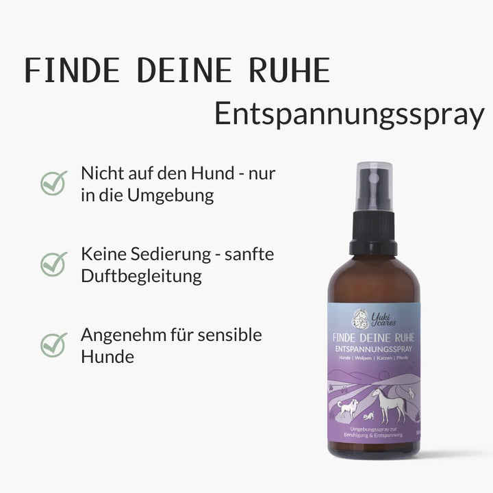 Das Bild zeigt ein Entspannungsspray für Hunde mit Anweisungen zur Anwendung in der Umgebung für sanfte Duftbegleitung.