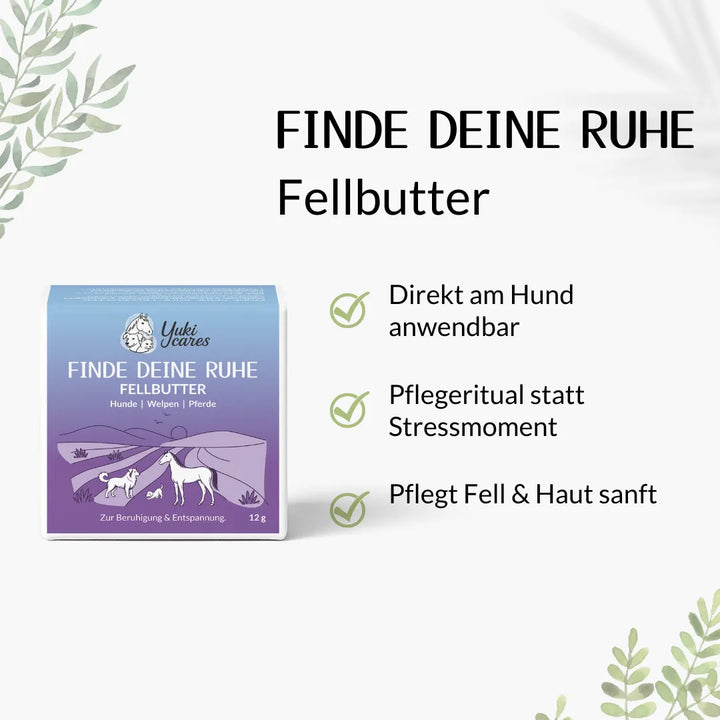 Eine Packung Fellbutter mit Illustrationen von Tieren und Text über deren beruhigende und pflegende Eigenschaften.