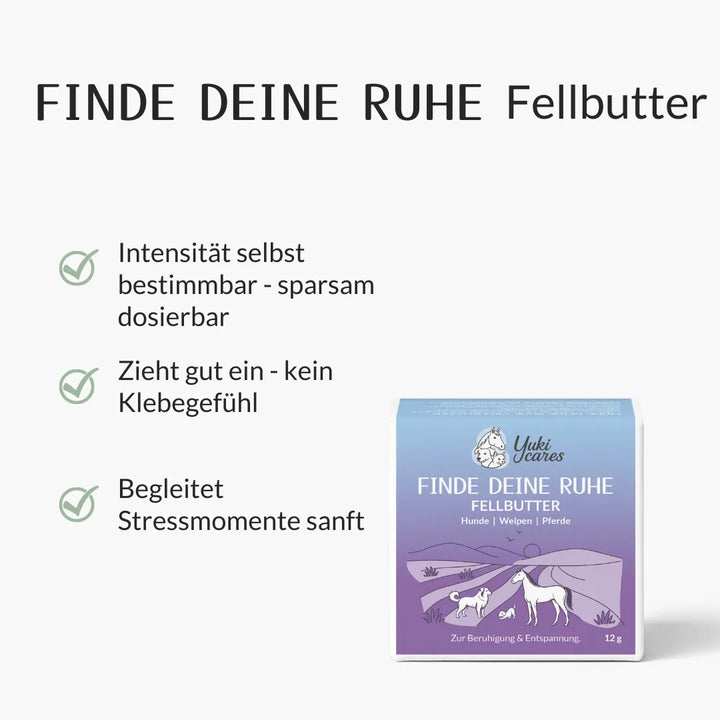 Verpackung der Fellbutter mit Text, der entspannende Eigenschaften für Hunde, Welpen und Pferde beschreibt.