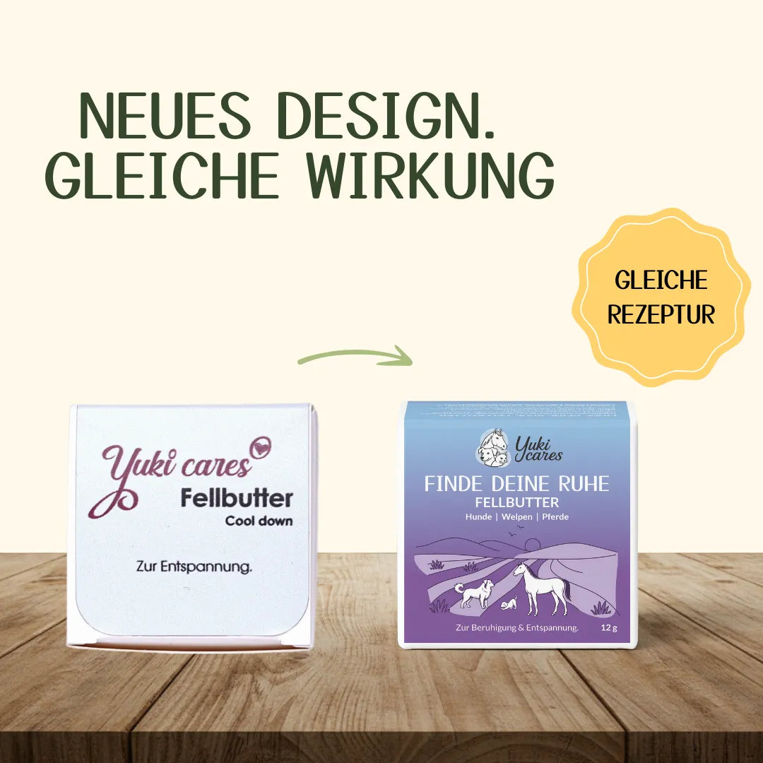 Zwei Verpackungen von Yuki cares Fellbutter zeigen ein neues Design mit der gleichen Rezeptur zur Entspannung.