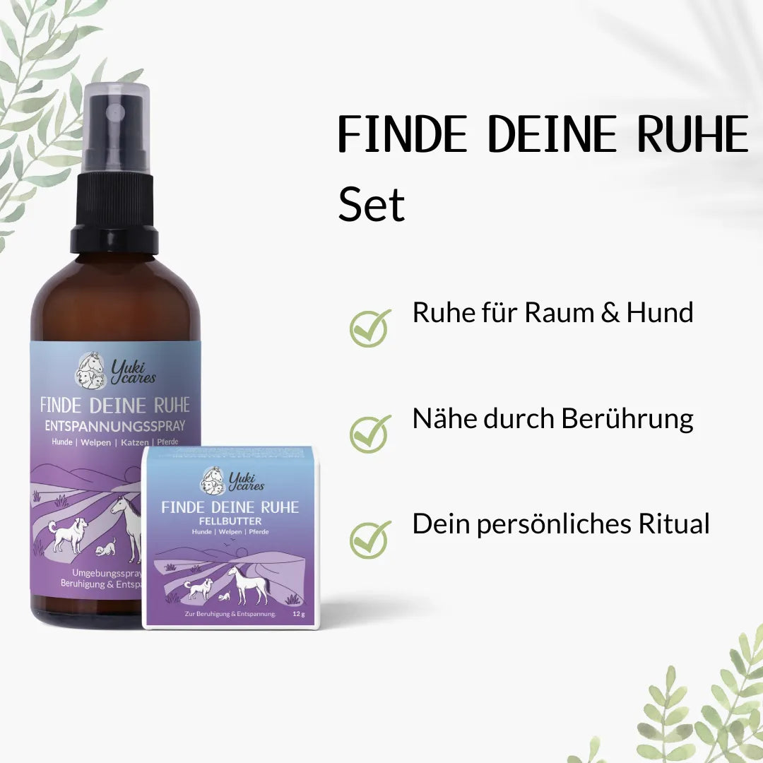 Das "Finde Deine Ruhe"-Set zeigt ein Entspannungsspray und Fellbutter für Hunde, um Ruhe und Nähe zu fördern.