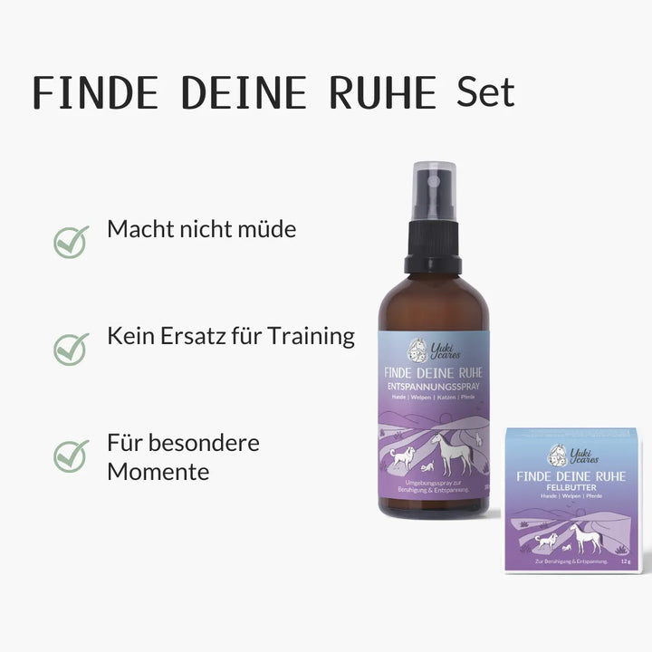 Das Bild zeigt das "Finde deine Ruhe" Set mit Entspannungsspray und Fellbutter, begleitet von drei grünen Häkchen.