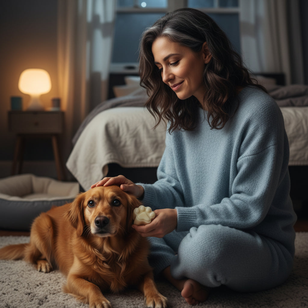Eine Frau in einem blauen Pullover streichelt liebevoll ihren Hund im gemütlichen Schlafzimmer.