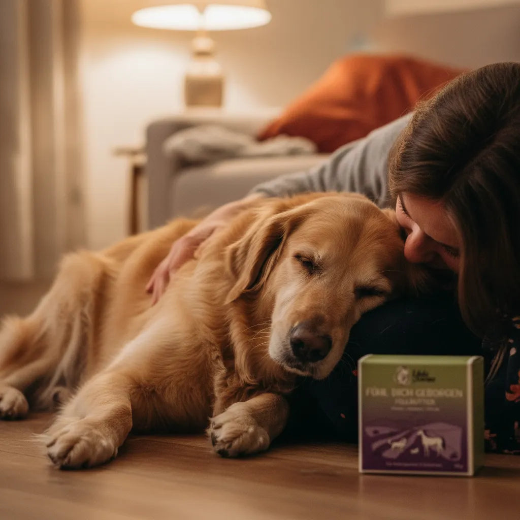 Eine Frau kuschelt liebevoll mit einem schlafenden Hund auf dem Boden neben einer Schachtel mit Fellbutter Fühl dich geborgen.