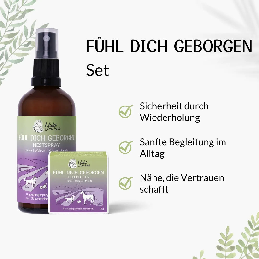 Das "Fühl Dich Geborgen"-Set zeigt ein Nest-Spray und Fellbutter für Tiere mit beruhigenden Eigenschaften.