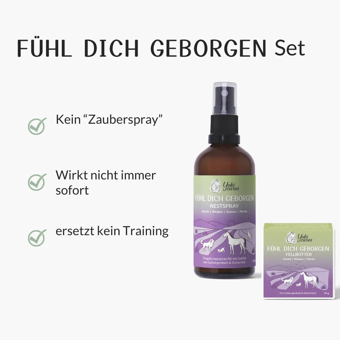 Das Bild zeigt das "Fühl Dich Geborgen" Set mit Spray und Fellbutter für Haustiere sowie wichtige Hinweise zur Anwendung.