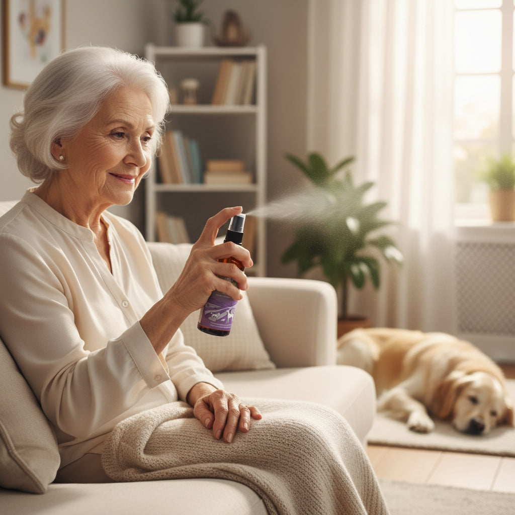 Eine ältere Frau sitzt auf dem Sofa und sprüht ein Duftspray, während ein Hund friedlich im Hintergrund schläft.