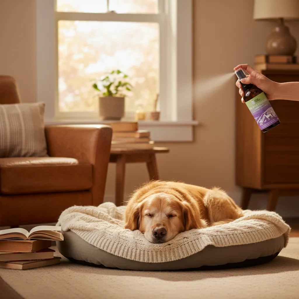 Ein Hund schläft auf einem gemütlichen Kissen, während jemand ein Spray im Wohnzimmer versprüht.