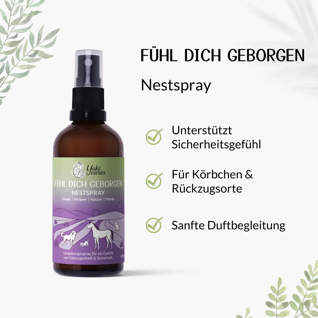 Braunflasche mit "Fühl dich geborgen" Nestpray für Tiere, umgeben von Blättern und Text über Sicherheit und Duft.