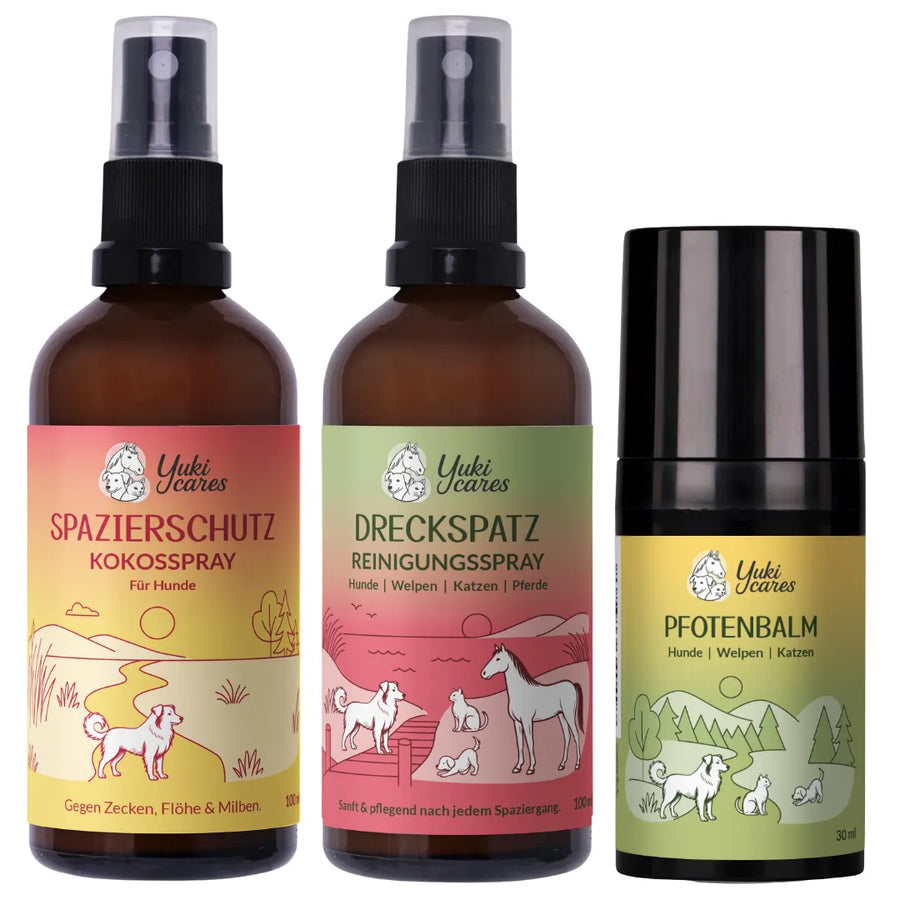 Drei Pflegeprodukte für Haustiere, darunter Sprays gegen Schmutz und Zecken, stehen auf einem weißen Hintergrund.