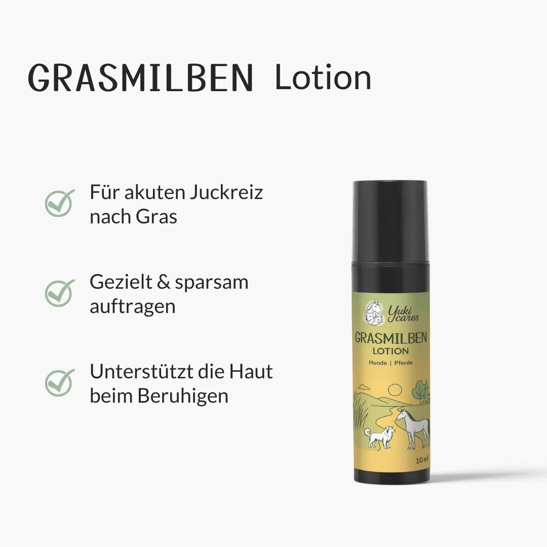 Die Grasmilben-Lotion von Yuki Cares beruhigt Juckreiz bei Hunden und Pferden, mit Anweisungen zur Anwendung.