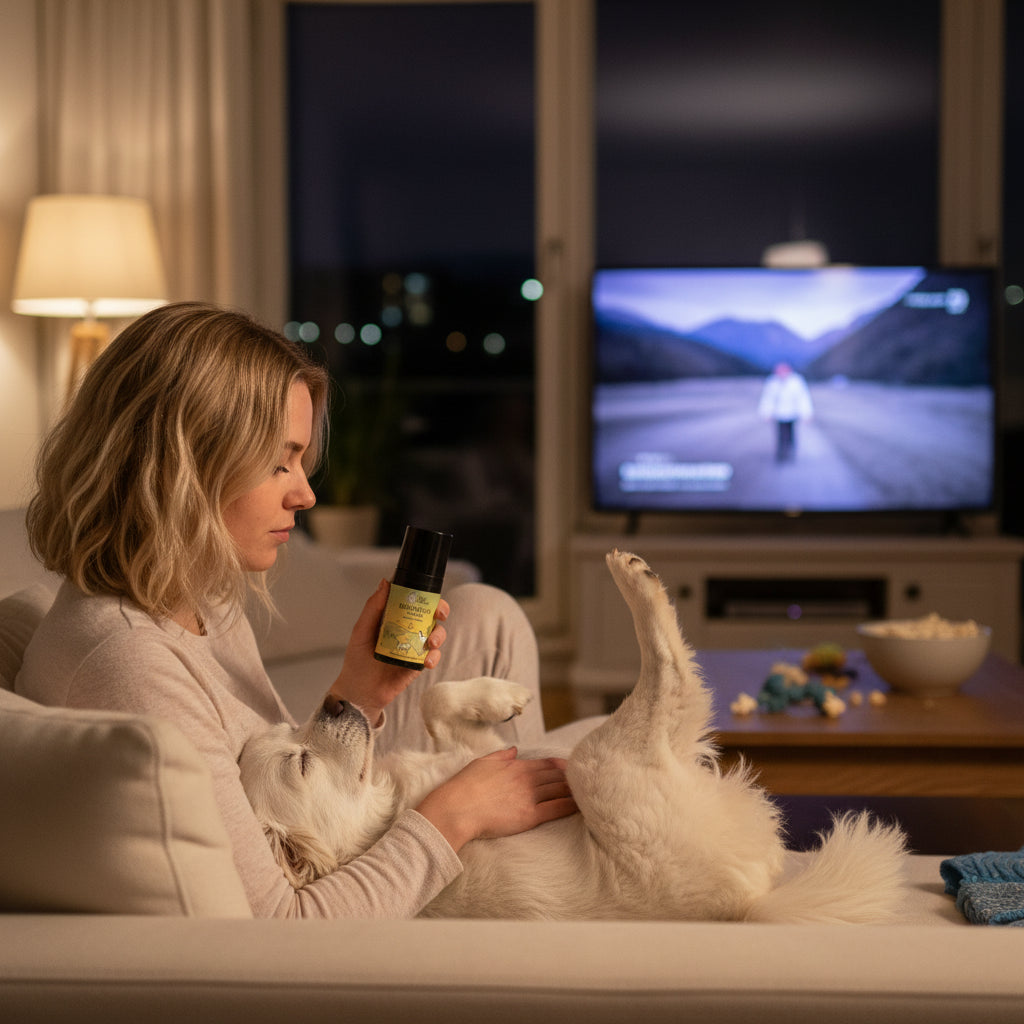 Eine Frau sitzt auf einem Sofa, hält ein Spray in der Hand und kuschelt mit einem Hund, während im Hintergrund der Fernseher läuft.