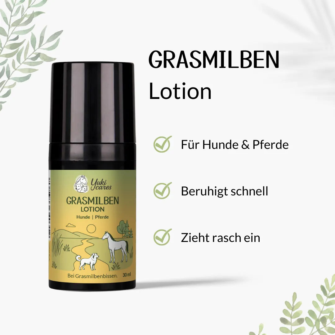 Grasmilben-Lotion für Hunde und Pferde auf hellem Hintergrund mit beruhigenden und schnell einziehenden Eigenschaften.