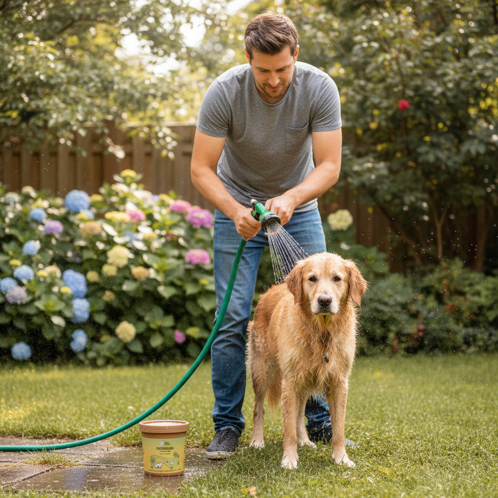 Ein Mann wäscht seinen Hund mit einem Gartenschlauch im sonnigen Garten, umgeben von blühenden Hortensien.