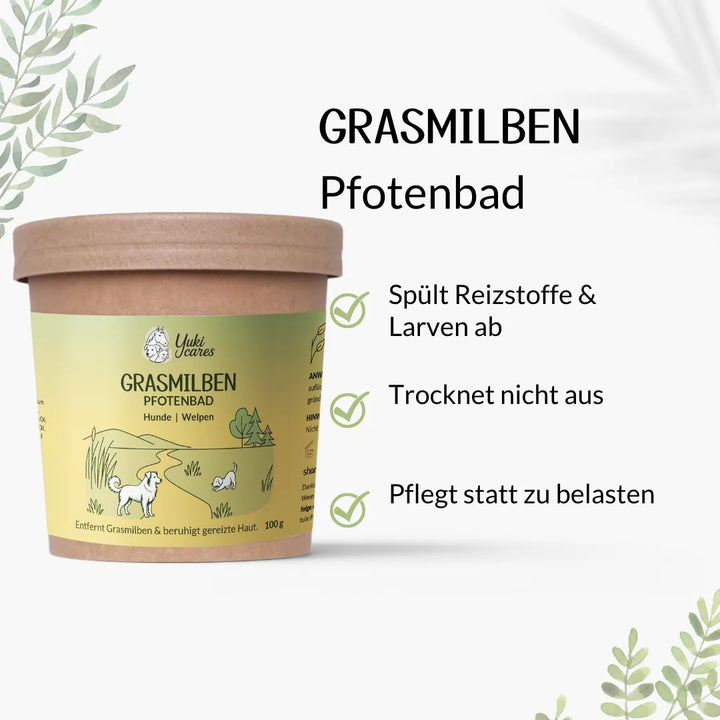 Grasmilben-Pfotenbad-Behälter mit Pflegevorteilen für Hunde und Welpen, um Reizstoffe abzuspülen und die Haut zu beruhigen.