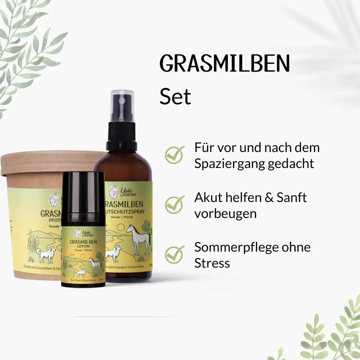 Ein Set mit Pfotenschutzspray und Lotion gegen Grasmilben, ideal für Spaziergänge und sanfte Sommerpflege.