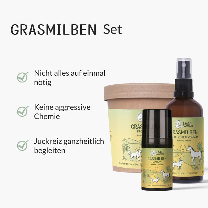 Das Bild zeigt ein Grasmilben-Set mit Spray, Lotion und einer Box, begleitet von drei Häkchen mit Produktvorteilen.