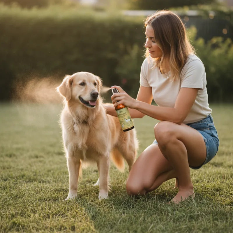 Eine Frau sprüht ein Pflegeprodukt auf einen Golden Retriever, während sie im Garten kniet.