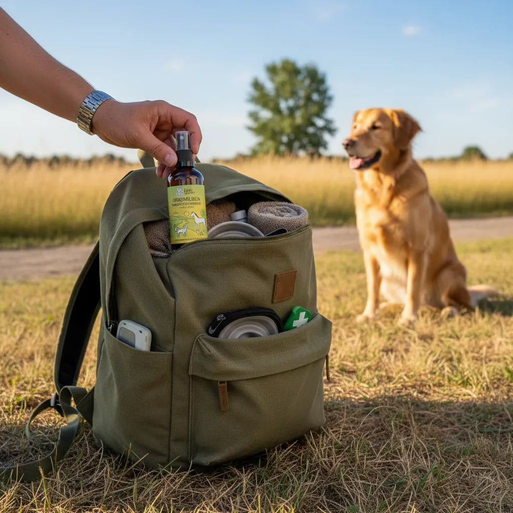 Eine Hand holt ein Spray aus einem Rucksack, während ein Hund auf einer Wiese im Hintergrund sitzt.