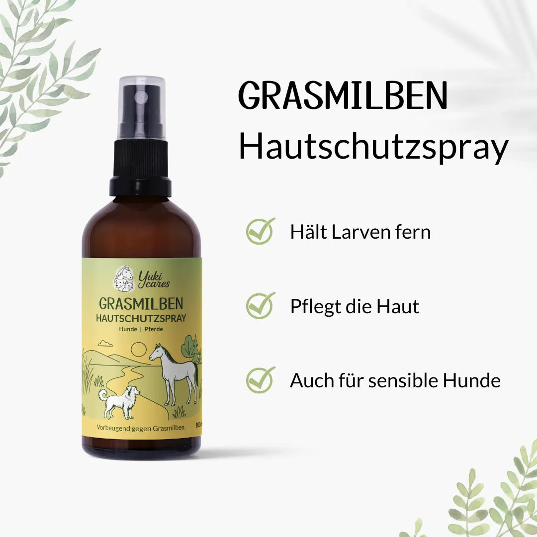 Grasmilben Hautschutzspray für Hunde und Pferde mit pflanzlicher Illustration und Vorteilen auf weißem Hintergrund.