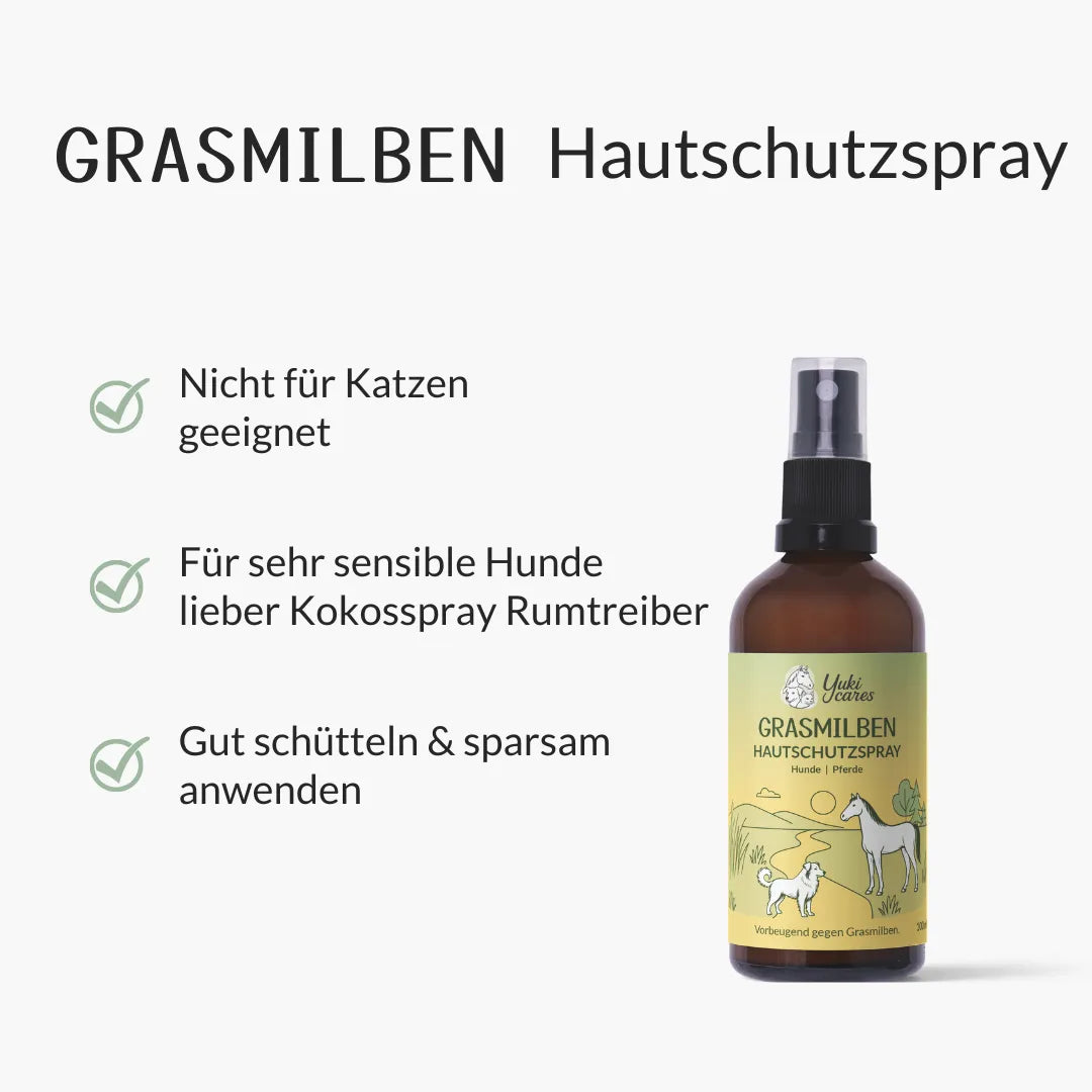 Grasmilben Hautschutzspray für Hunde und Pferde, nicht für Katzen geeignet, mit Anwendungshinweisen auf der Verpackung.