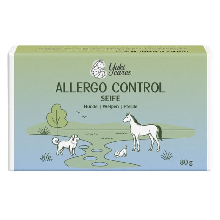 Eine Verpackung der "Allergo Control Seife" zeigt stilisierte Tiere wie Hund, Welpe und Pferd in einer Landschaft.