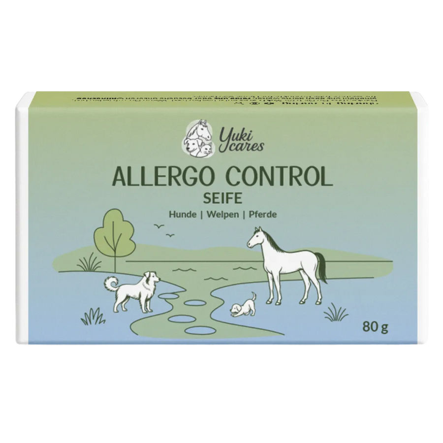Eine Verpackung der "Allergo Control Seife" zeigt stilisierte Tiere wie Hund, Welpe und Pferd in einer Landschaft.