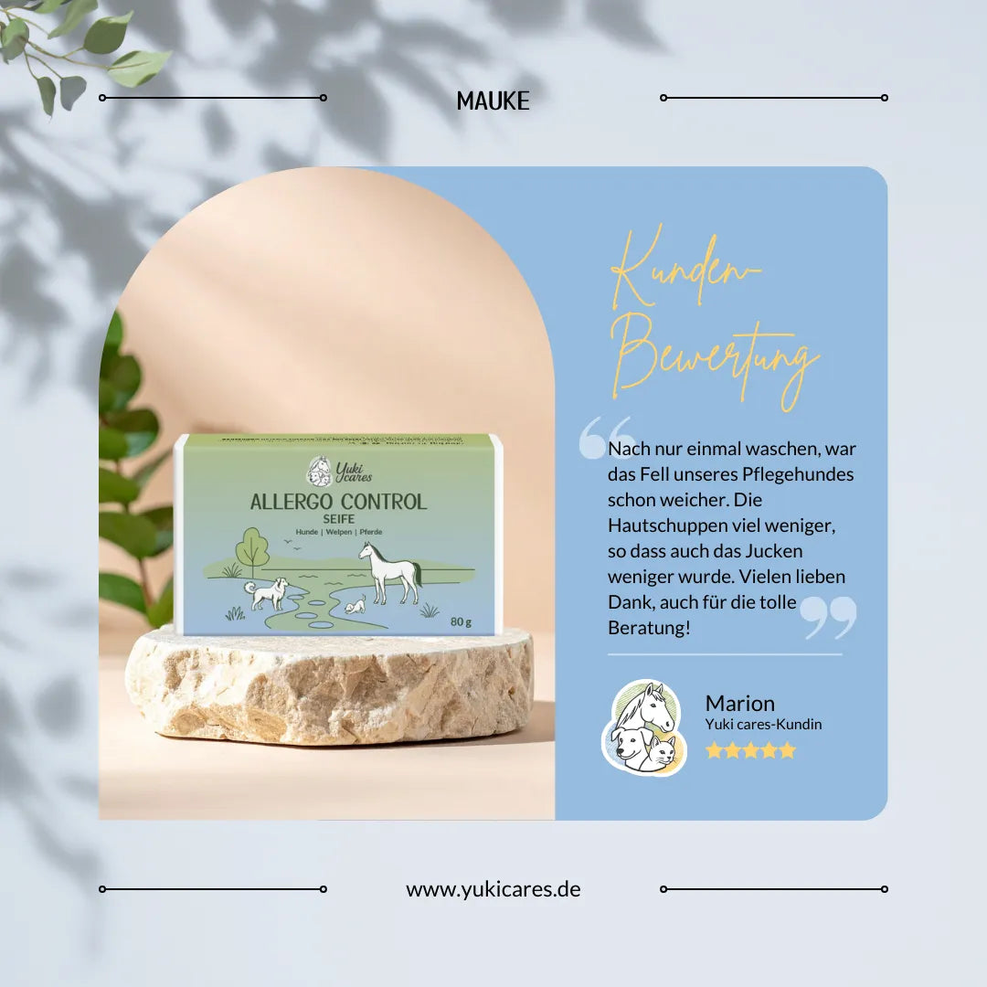 Eine Allergie-Kontrollseife steht dekorativ auf einem Stein, begleitet von einer positiven Kundenbewertung.