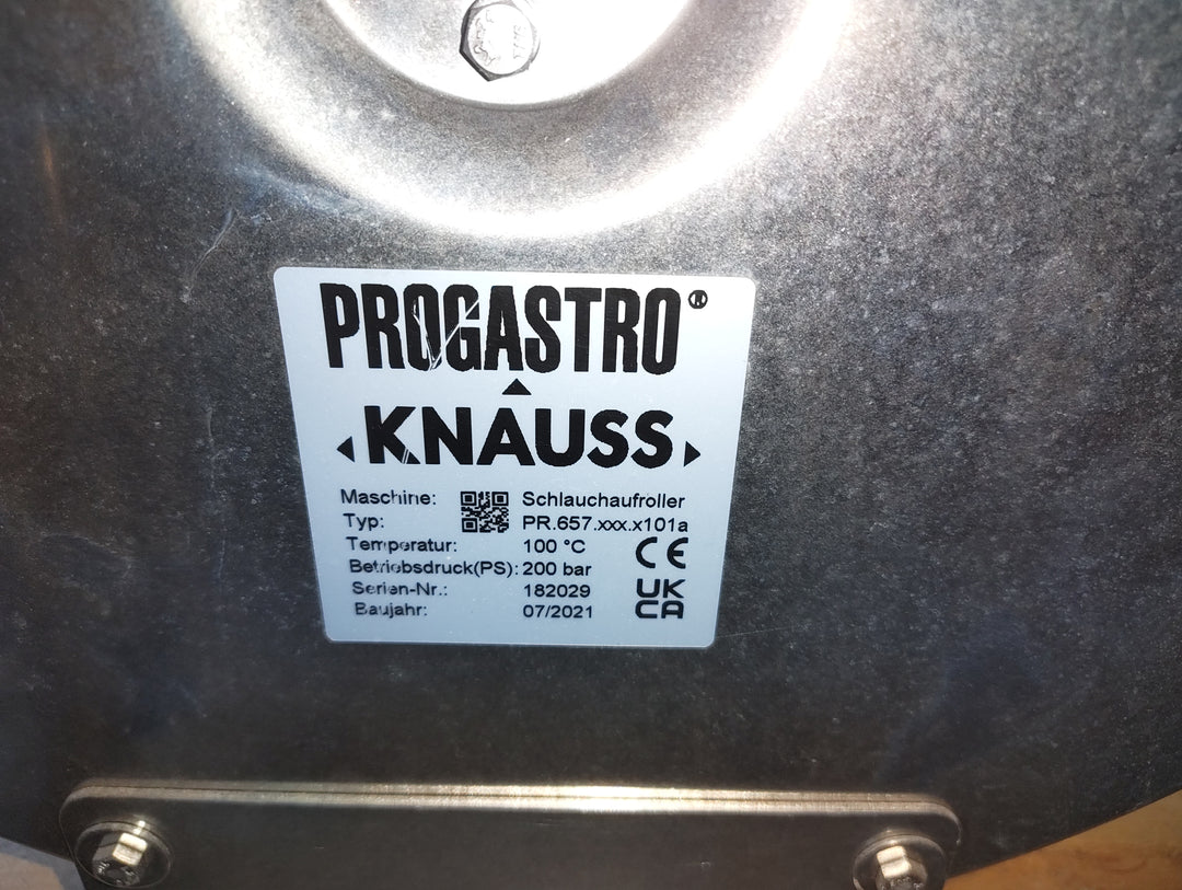 Progastro Knauss Schlauchaufroller Edelstahl 10 m, 200 bar, mit Reinigungsbrause – gebraucht, Baujahr 2021