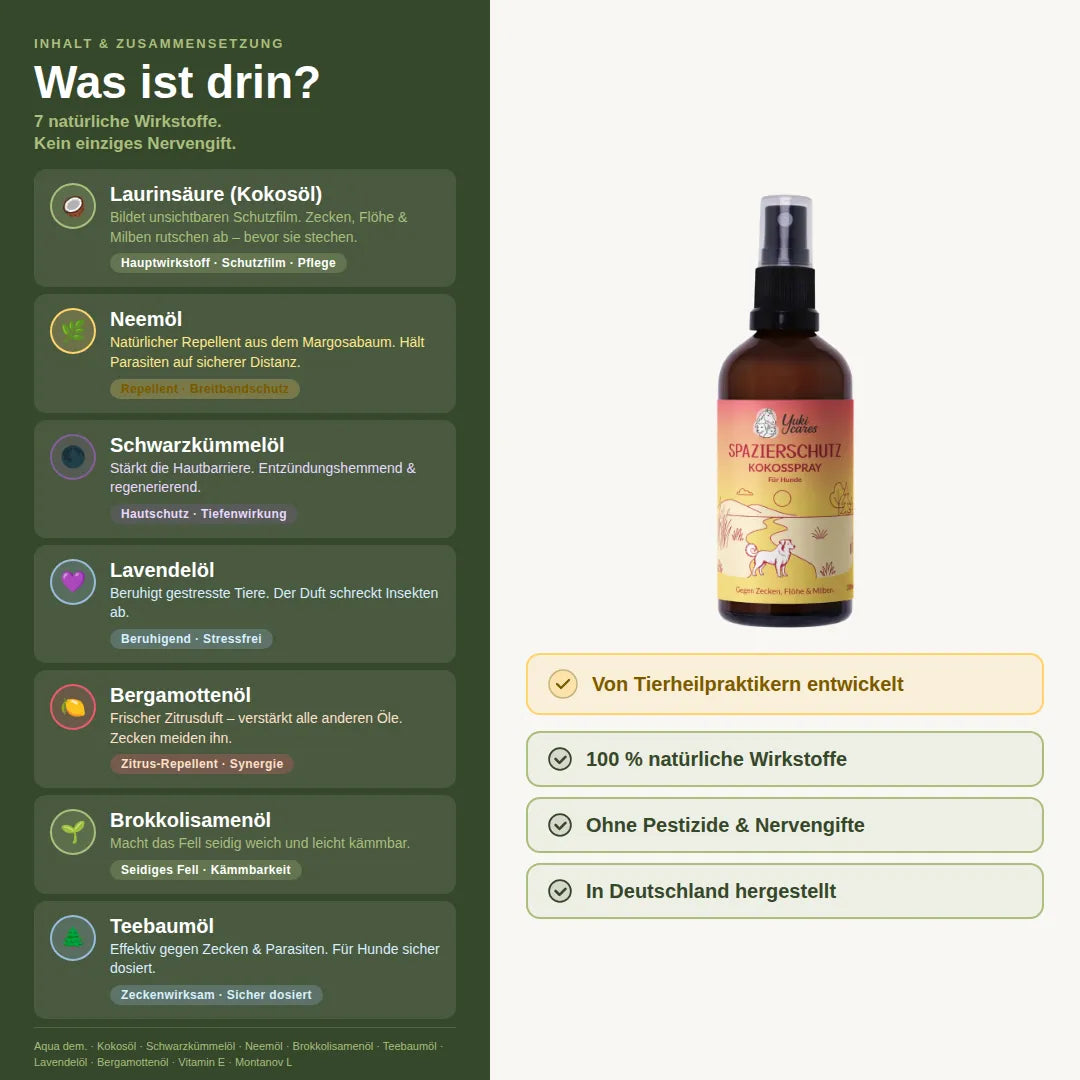 Das Bild zeigt ein Kokosspray für Hunde mit natürlichen Inhaltsstoffen zur Abwehr von Zecken und Flöhen.