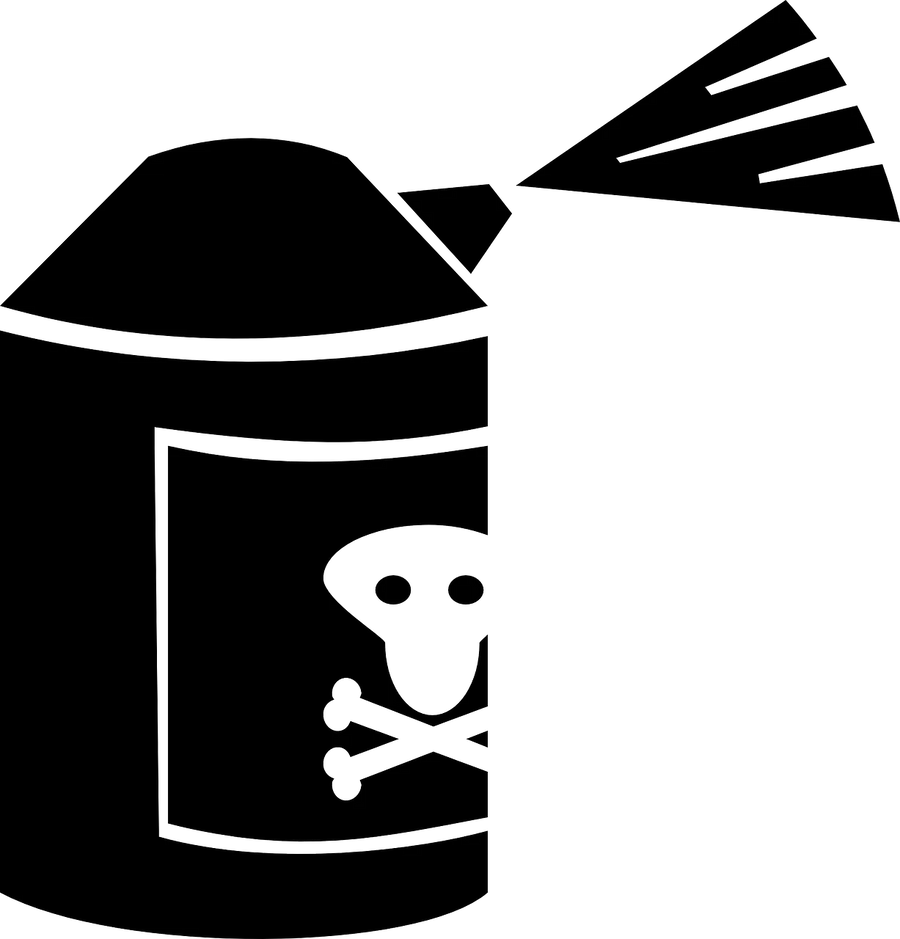 Eine gemalte Flasche Insektizid, schwarze Sprühdose mit weißem Totenkopf