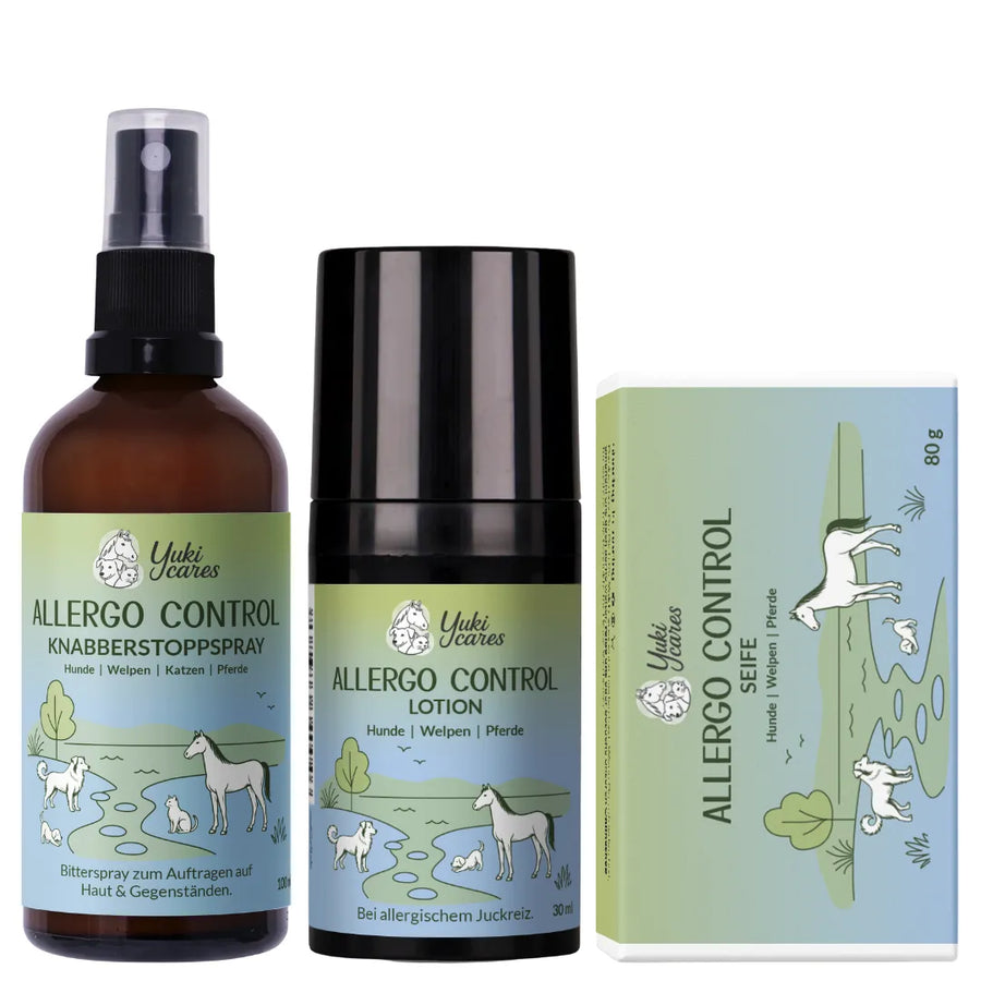 Drei Produkte zur Allergiekontrolle für Hunde und Pferde sind auf einem hellen Hintergrund abgebildet.