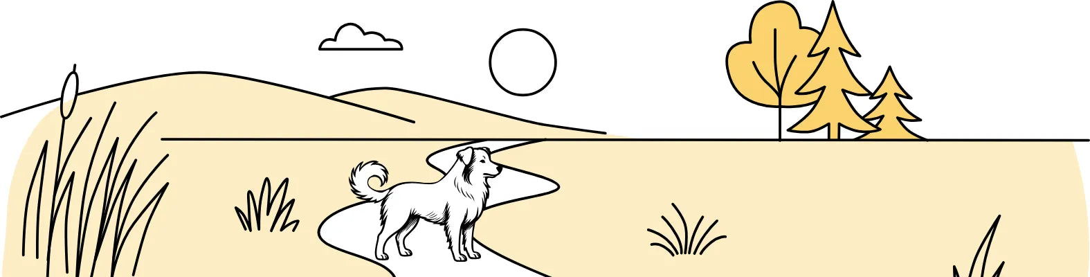 Ein Hund steht auf einem Weg in einer minimalistischen Landschaft mit Hügeln, Bäumen und einer Sonne am Himmel.