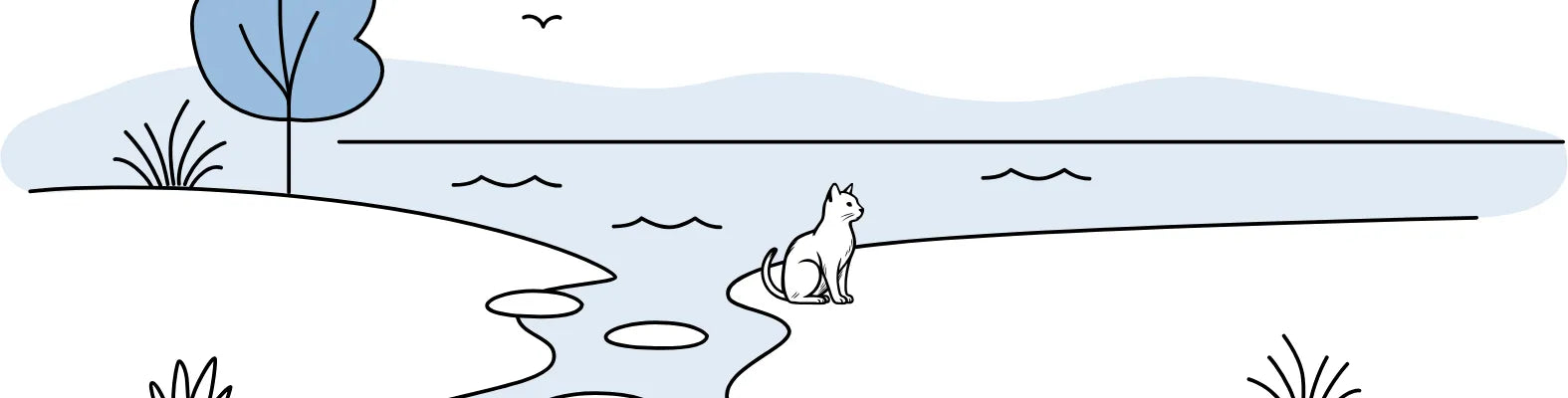 Eine Katze sitzt am Flussufer, umgeben von Pflanzen und einem Baum, während ein Vogel am Himmel fliegt.