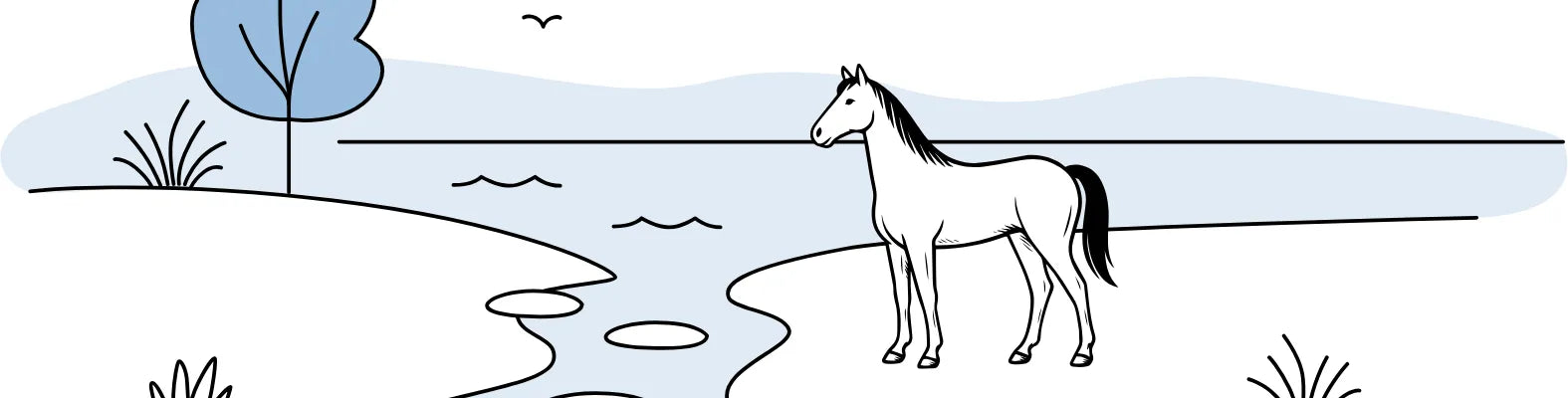 Ein gezeichnetes Pferd steht an einem Flussufer, während im Hintergrund ein Baum und ein Vogel zu sehen sind.