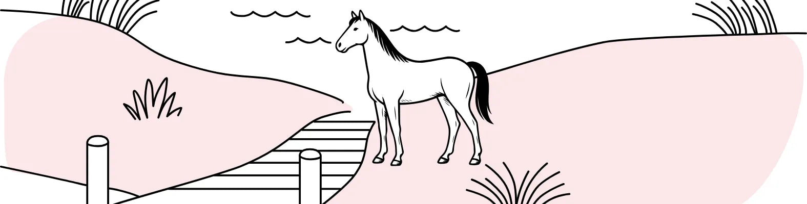 Ein stilisiertes Pferd steht auf einem rosa Hügel neben einem Holzsteg, umgeben von Gras und sanften Wellenlinien.